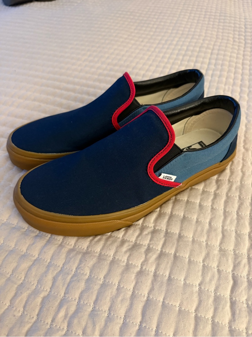 Vans custom Slip-On in Navy and Light Blue with Red Trim and Gum Sole
